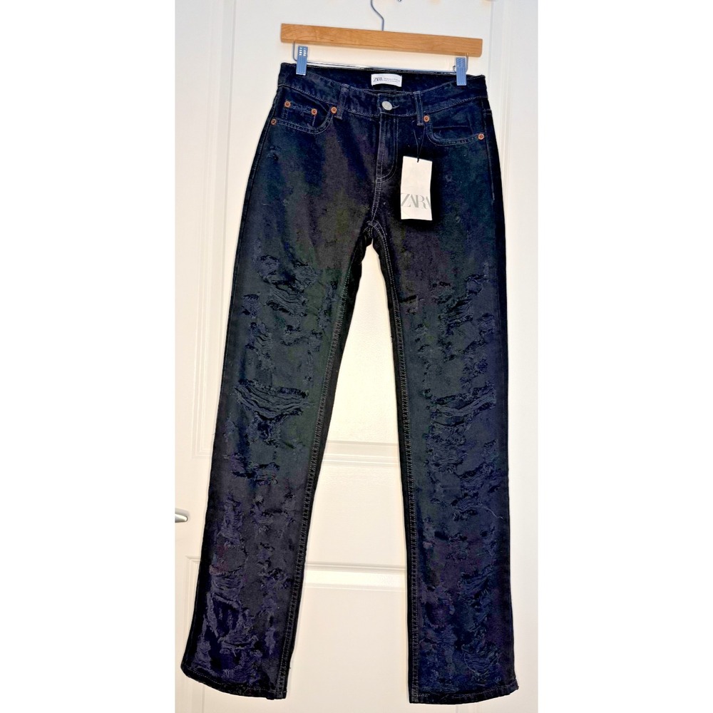 Zara Size 2 Black Straight Leg Distressed Denim NWT Mid Rise 32" Inseam
